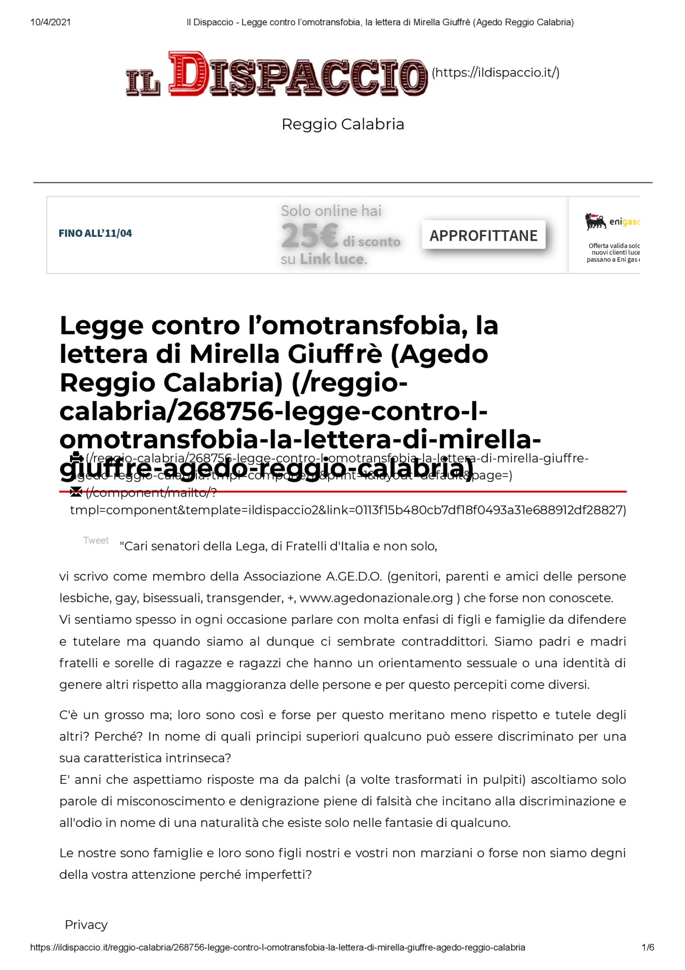 2021 Il Dispaccio - Legge contro l’omotransfobia, la lettera di Mirella Giuffrè (Agedo Reggio Calabria).pdf