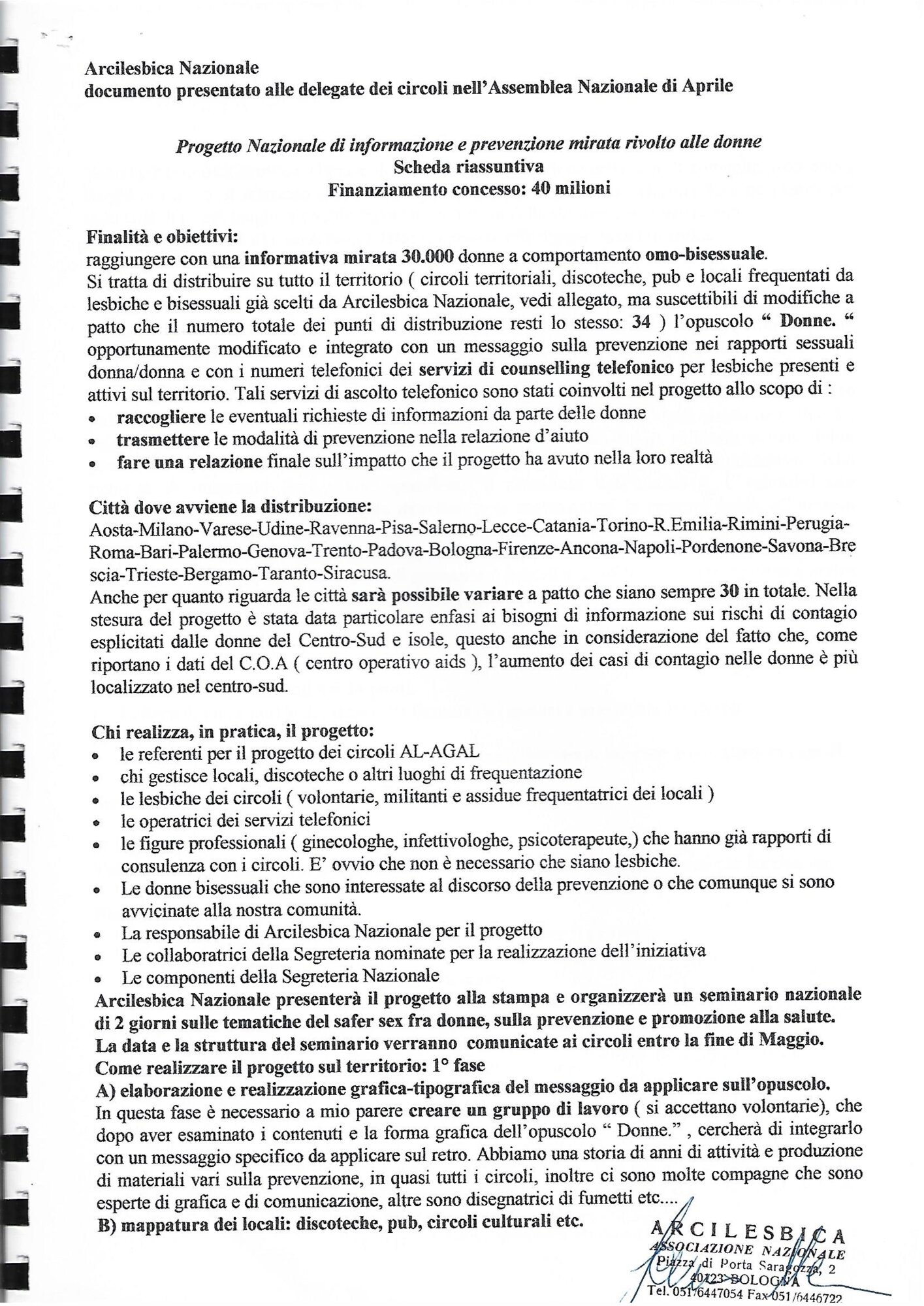 Progetto Nazionale di informazione e prevenzione mirata rivolto alle donne