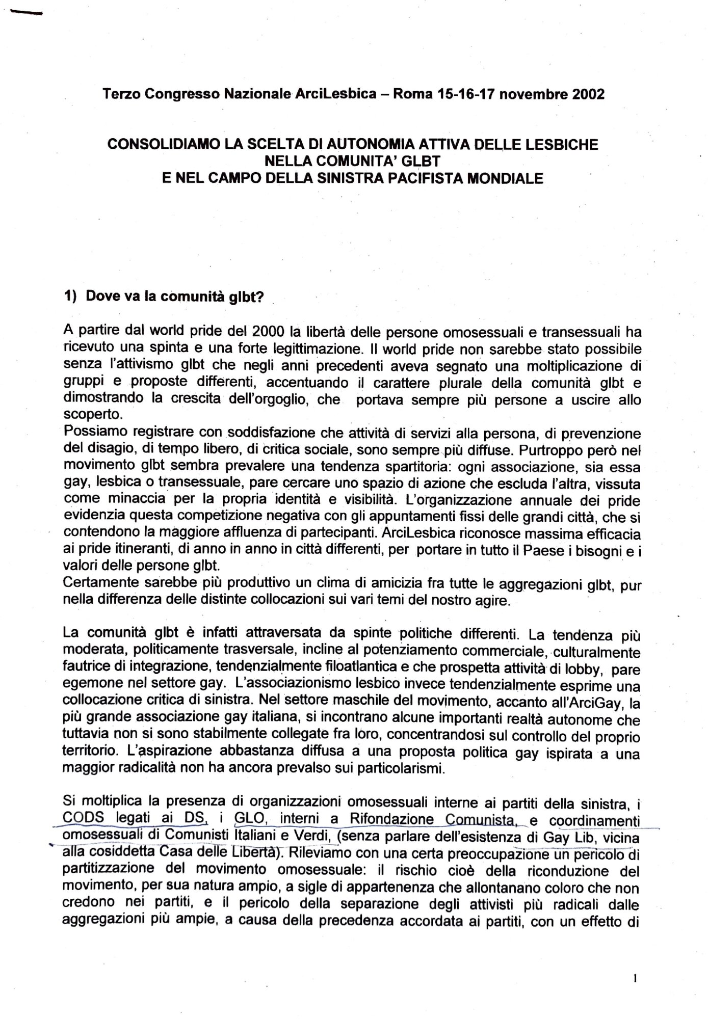 Documento per il Terzo Congresso Nazionale ArciLesbica