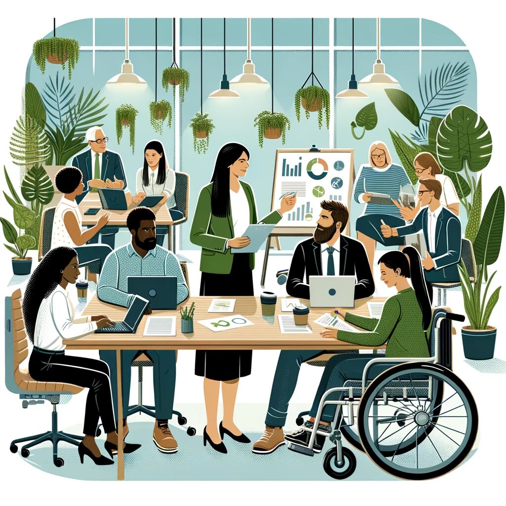 DALL·E 2023-11-27 11.18.38 - An illustrative and inclusive scene representing the concept of Diversity and Inclusion in a professional setting. The image shows a group of diverse .png