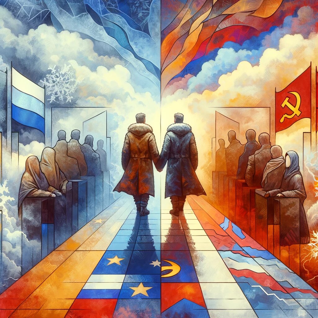 DALL·E 2023-11-27 11.59.12 - An illustrative and thoughtful scene reflecting the concept of 'Omofilia' during the Cold War era. The image portrays an abstract and symbolic represe.png