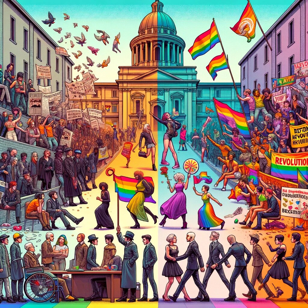 DALL·E 2023-11-27 12.04.06 - An illustrative and empowering scene depicting the evolution of the LGBTQ- movement in Italy, from rejection to revolution. The image is divided into .png