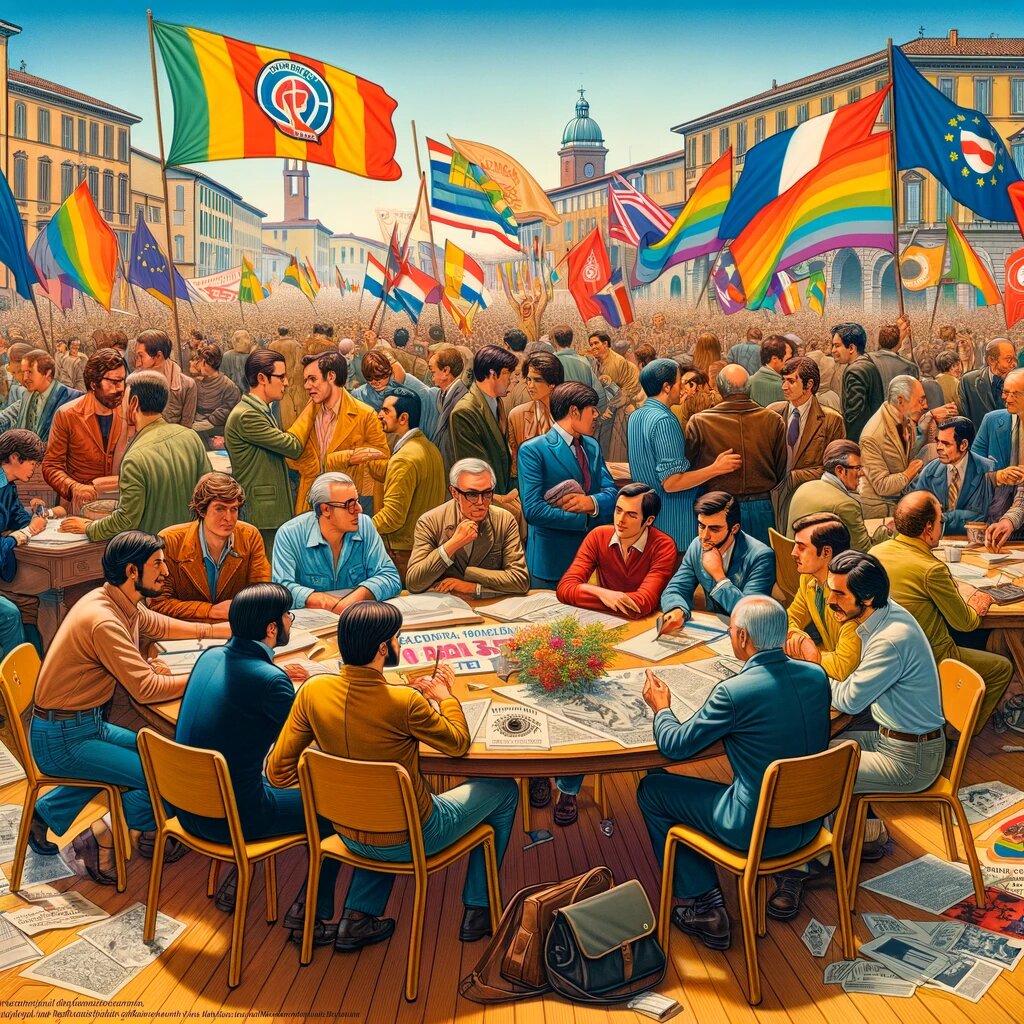 DALL·E 2023-11-27 12.08.30 - An updated illustrative and historical scene depicting the Italian homosexual movement during 1977-1979, with less emphasis on flags and banners. The .png