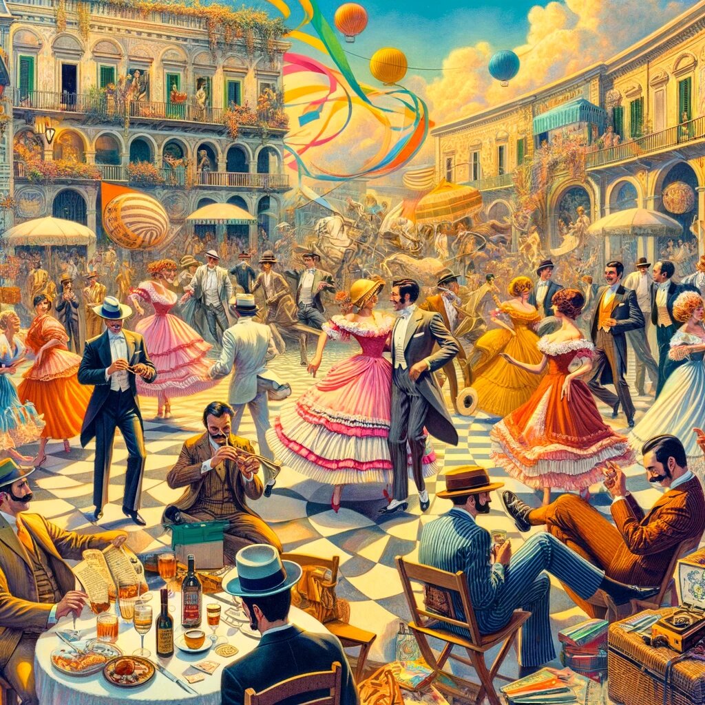 DALL·E 2023-11-27 12.13.17 - An illustrative and historical scene capturing the essence of the 1960s in Italy, from the Balletti Verdi to Lavorini. The image depicts a lively and .png