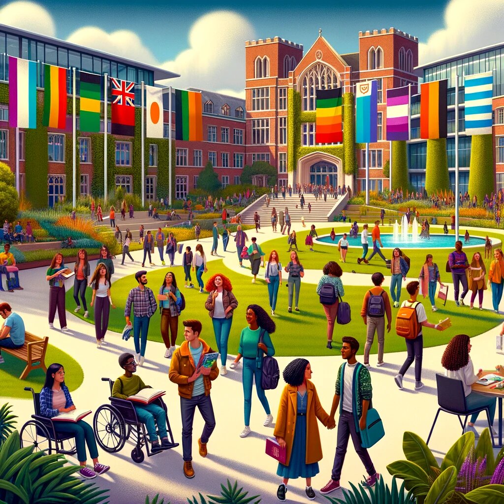 DALL·E 2023-11-27 14.19.34 - An illustrative image showcasing a diverse and inclusive university setting. The scene is set on a vibrant university campus, bustling with students o.png