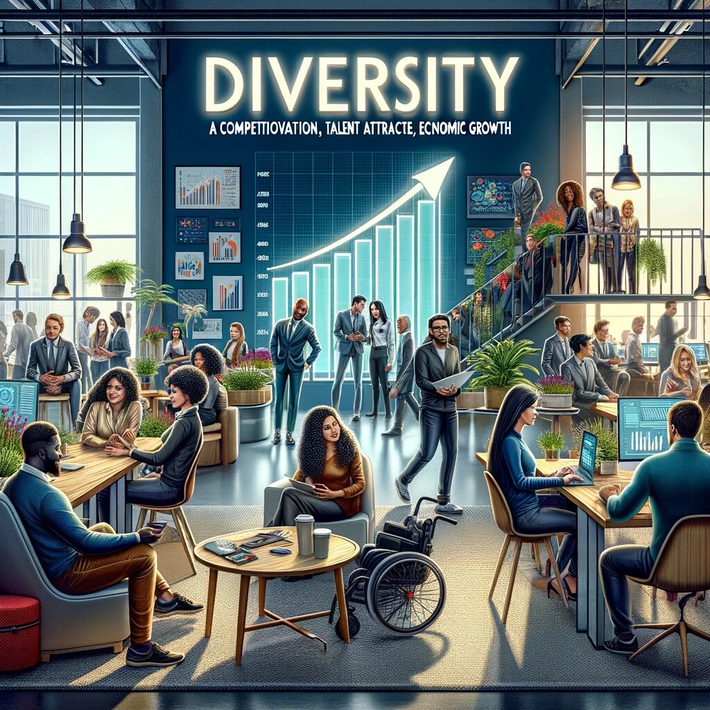 DALL·E 2023-11-27 14.23.55 - An illustrative image representing diversity in a corporate setting as a competitive advantage leading to innovation, talent attraction, and economic .png