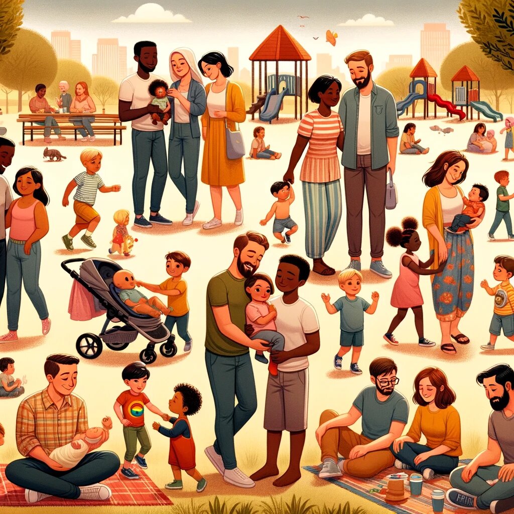 DALL·E 2023-11-27 14.25.20 - An illustrative image depicting diverse same-sex parent families, showcasing a range of family dynamics and backgrounds. The scene includes multiple f.png