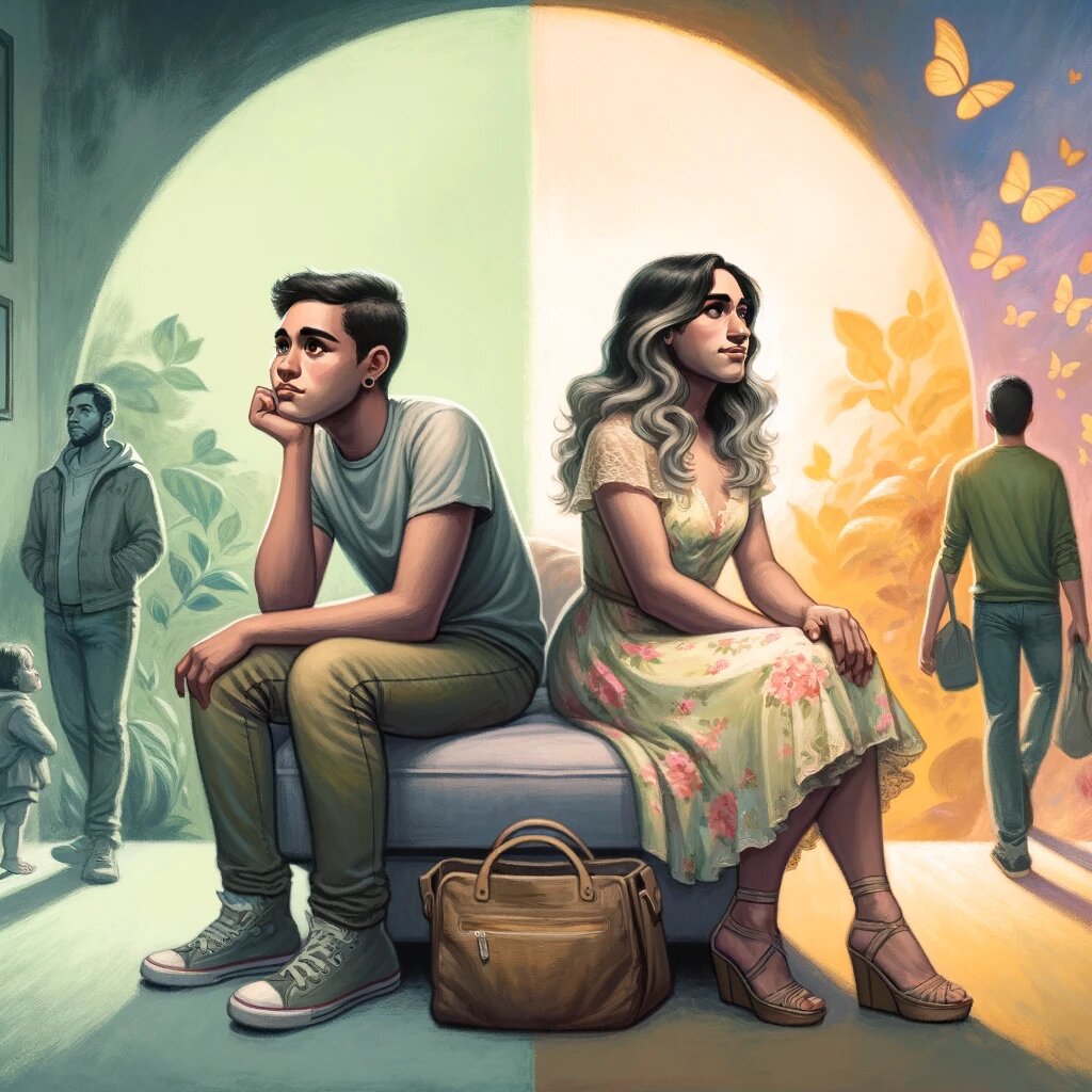 DALL·E 2023-11-27 14.27.56 - An illustrative image depicting the concept of gender transition. The scene is split into two parts, symbolizing the journey of transitioning. On the .png