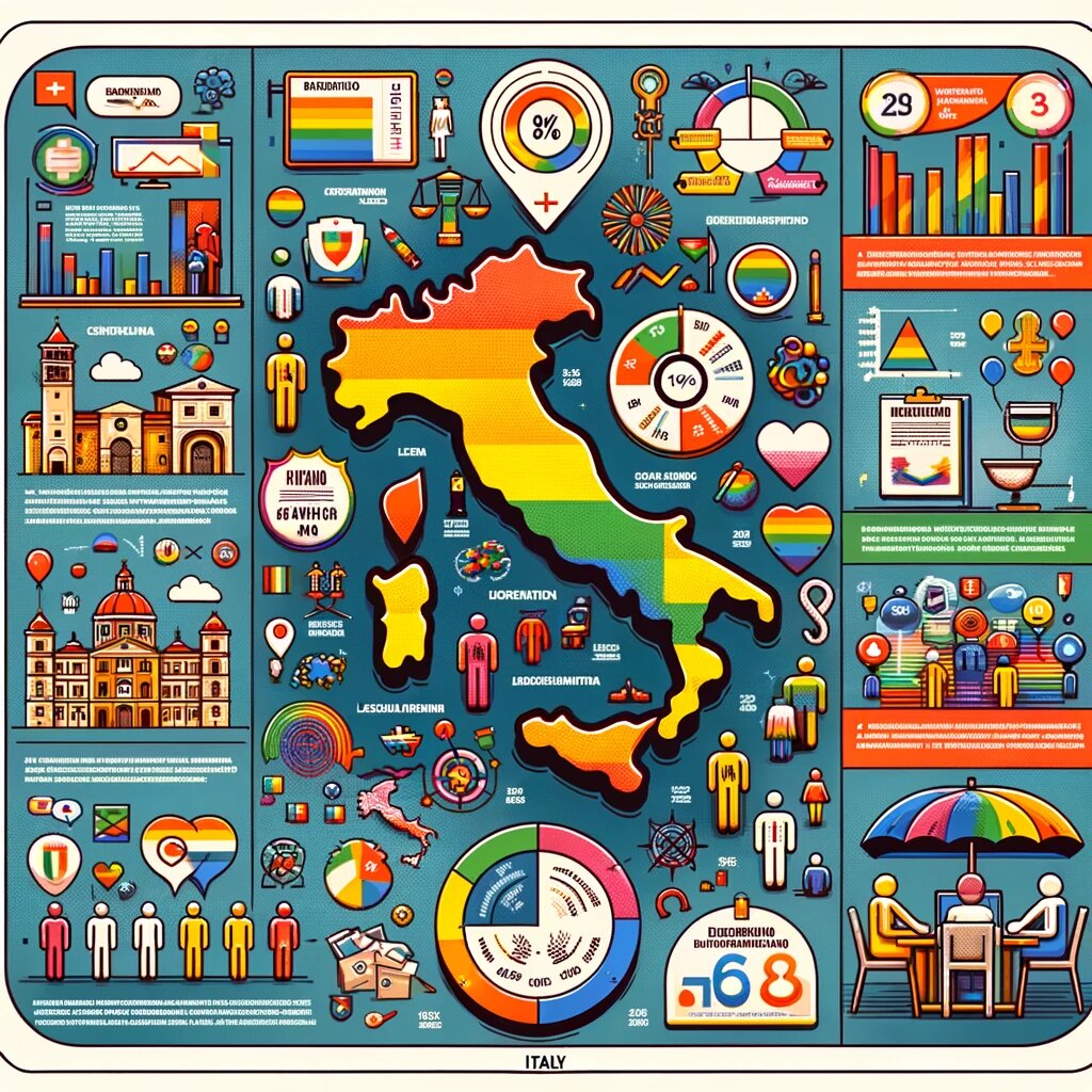 DALL·E 2023-11-27 14.30.11 - An illustrative infographic style image depicting discrimination against LGBT- people in Italy, incorporating key data and statistics. The image featu.png