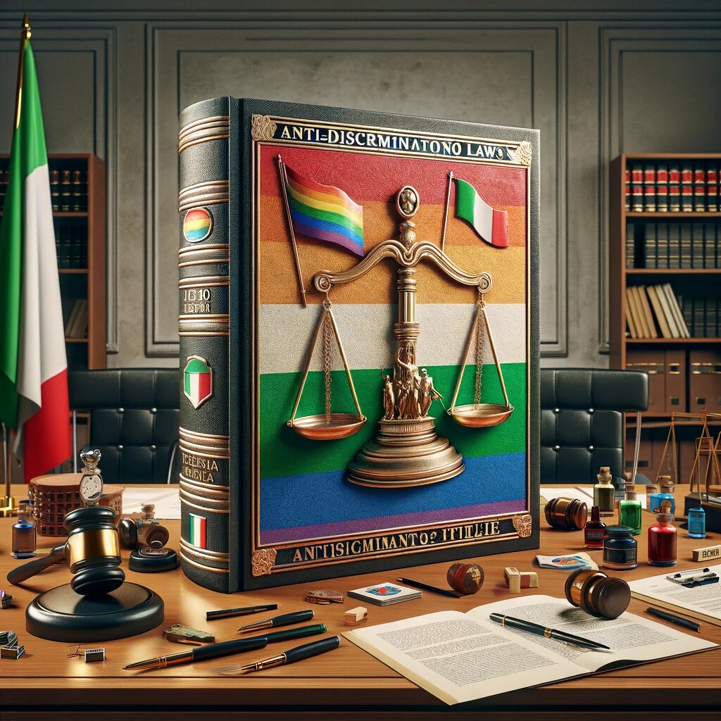 DALL·E 2023-11-27 14.44.00 - An illustrative image depicting a formal and institutional book representing anti-discrimination laws for the LGBT- community in Italy. The book is la.png