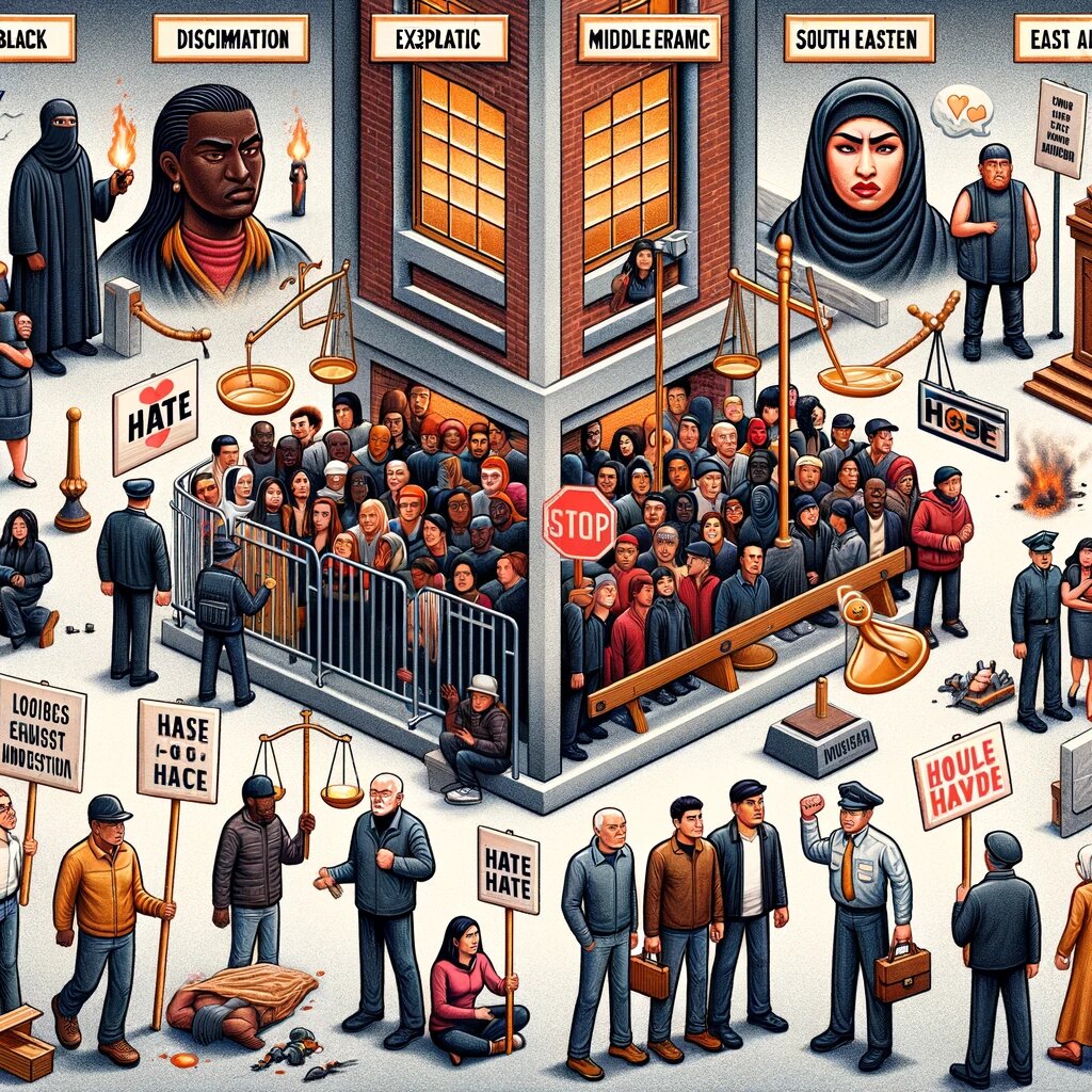 DALL·E 2023-11-27 14.52.41 - An illustrative image depicting the concept of discrimination and hate manifestations, with modifications as requested. The image is divided into two .png