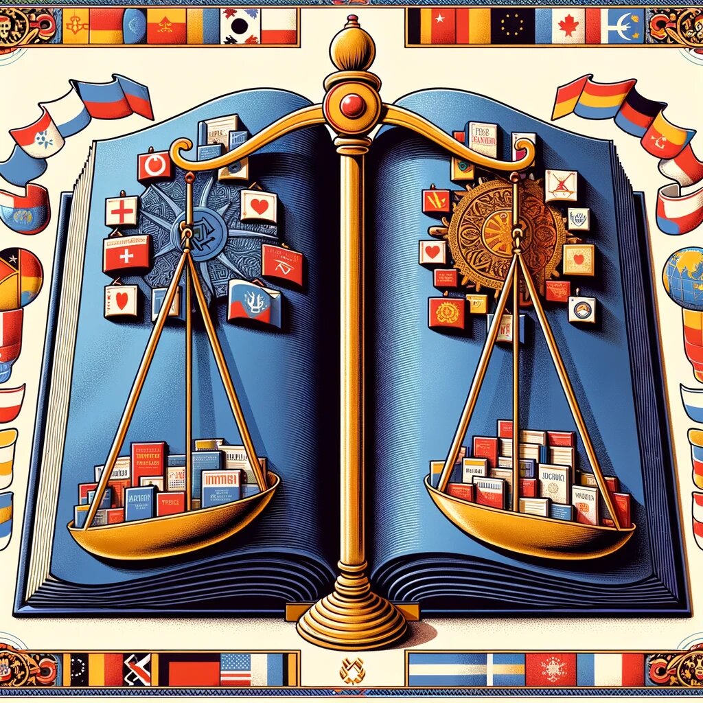 DALL·E 2023-11-27 17.16.50 - An illustrative image depicting a comparison of laws against hate and discrimination. The image features two large books or scrolls, each representing.png