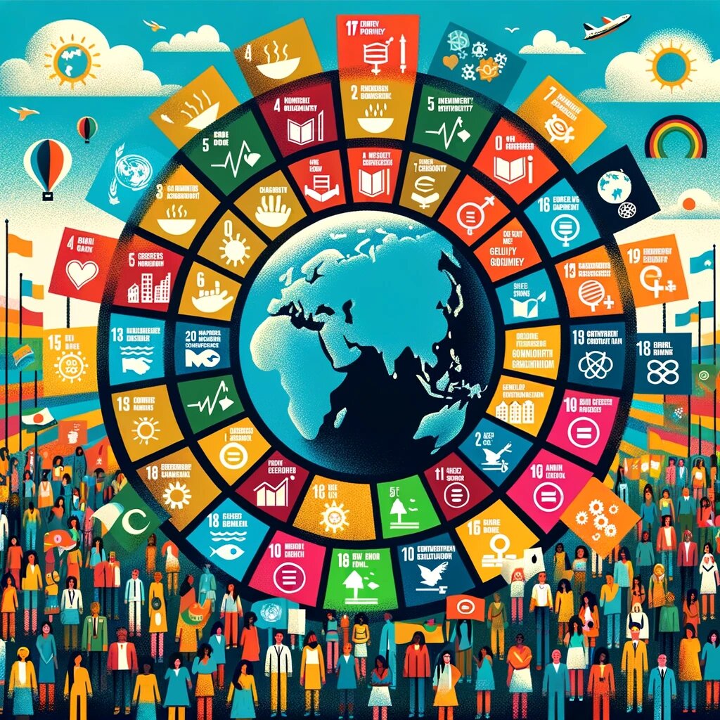 DALL·E 2023-11-27 17.25.21 - An illustrative image depicting the United Nations' Agenda 2030. The image features a globe centered in the middle, surrounded by icons and symbols re.png