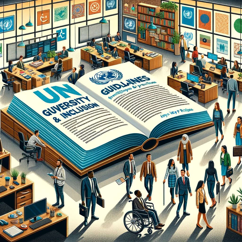 DALL·E 2023-11-27 17.31.01 - An illustrative image representing the United Nations' guidelines on Diversity & Inclusion in the workplace. The image features a modern office settin.png