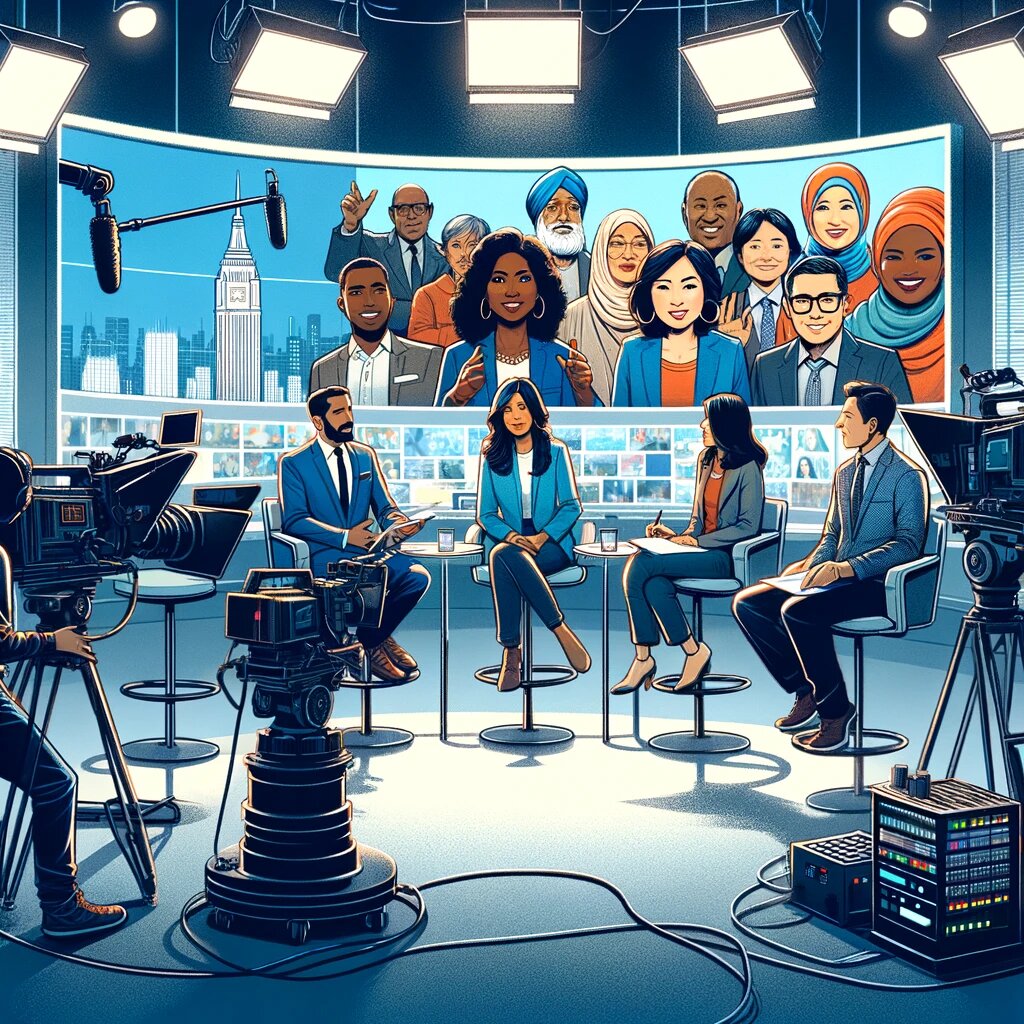 DALL·E 2023-11-27 17.33.04 - An illustrative image depicting Diversity, Equity, and Inclusion (DE&I) and its representation in the media. The image features a TV studio setting wi.png