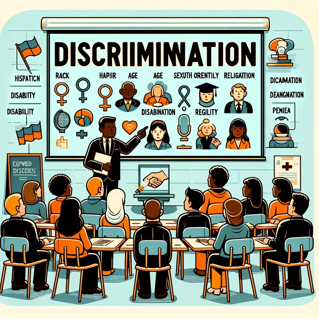 DALL·E 2023-11-27 17.37.42 - An illustrative image depicting the concept of discrimination, explaining what it is and the various forms it can take. The image features a classroom.png