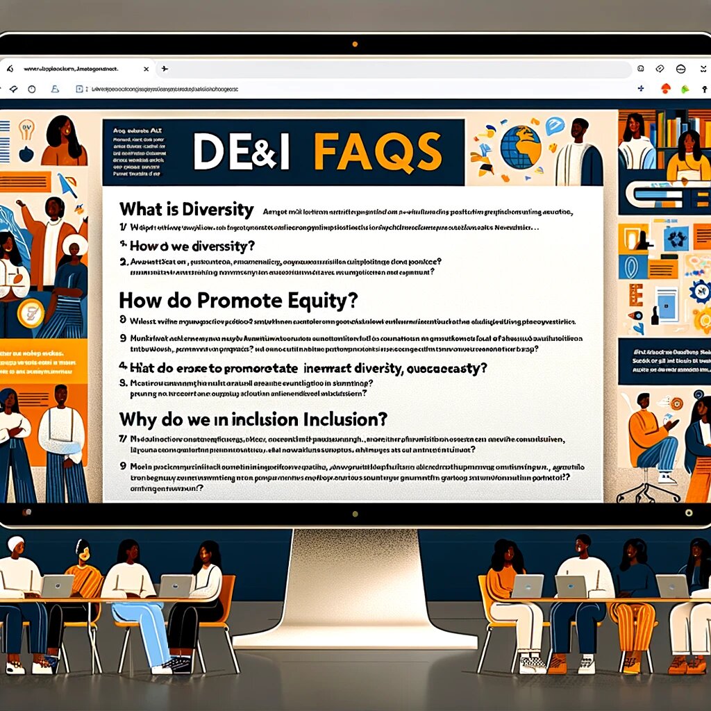 DALL·E 2023-11-27 17.37.15 - An illustrative image depicting a 'Frequently Asked Questions (FAQ)' page about Diversity, Equity, and Inclusion (DE&I). The image shows a large compu.png