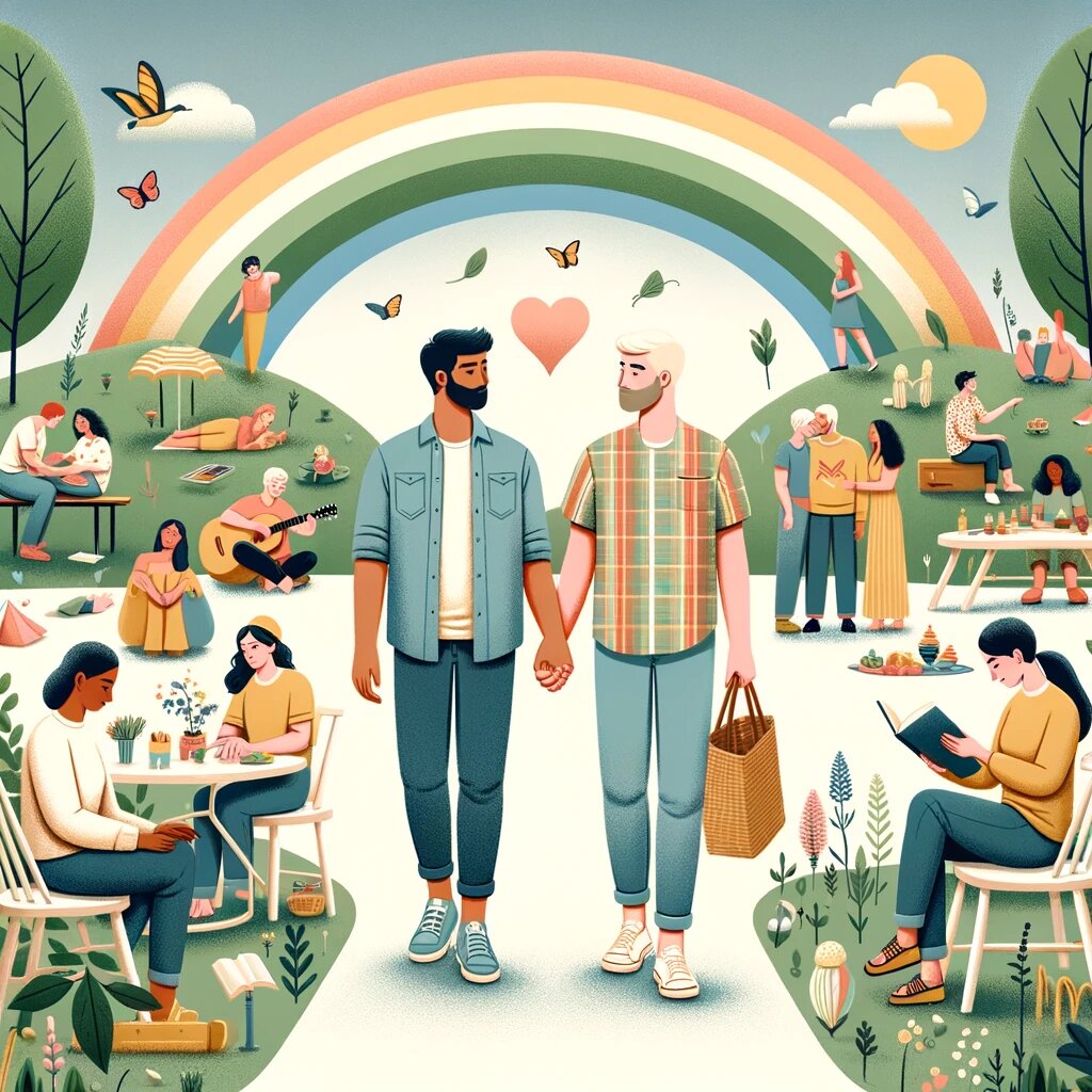 DALL·E 2023-11-27 17.45.22 - An illustrative image representing the theme 'Homosexuality as a Modern Identity'. The scene takes place in a natural, eco-friendly environment, empha.png